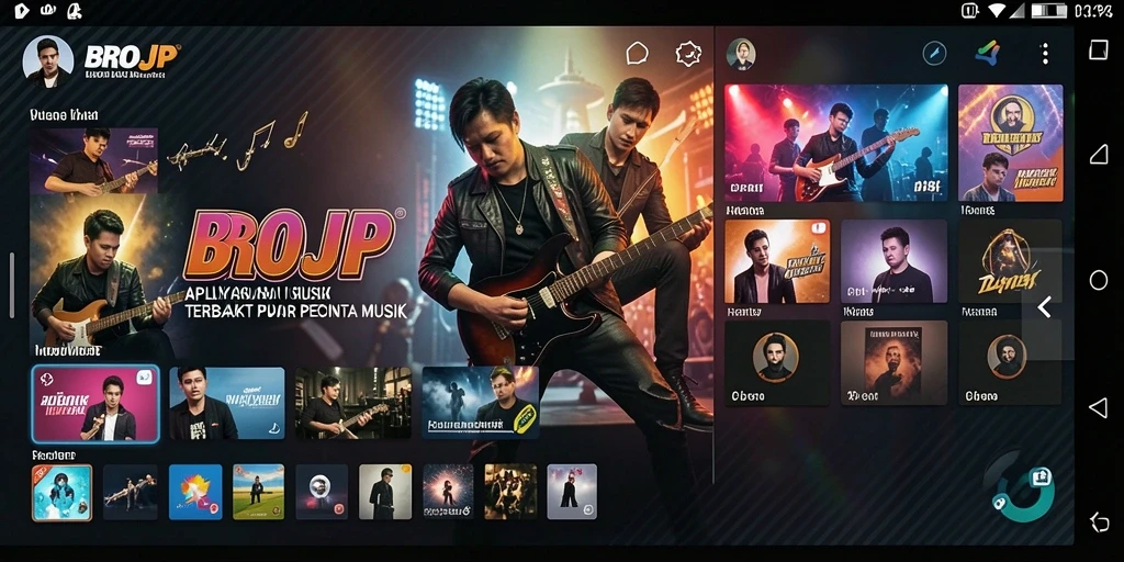 Screenshot utama BROJP menampilkan antarmuka aplikasi yang menarik dengan banyak pilihan musik.