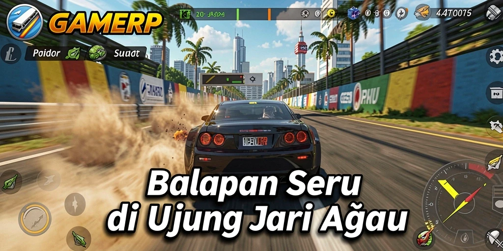 Screenshot utama GAMERP menampilkan aksi balapan yang mendebarkan.