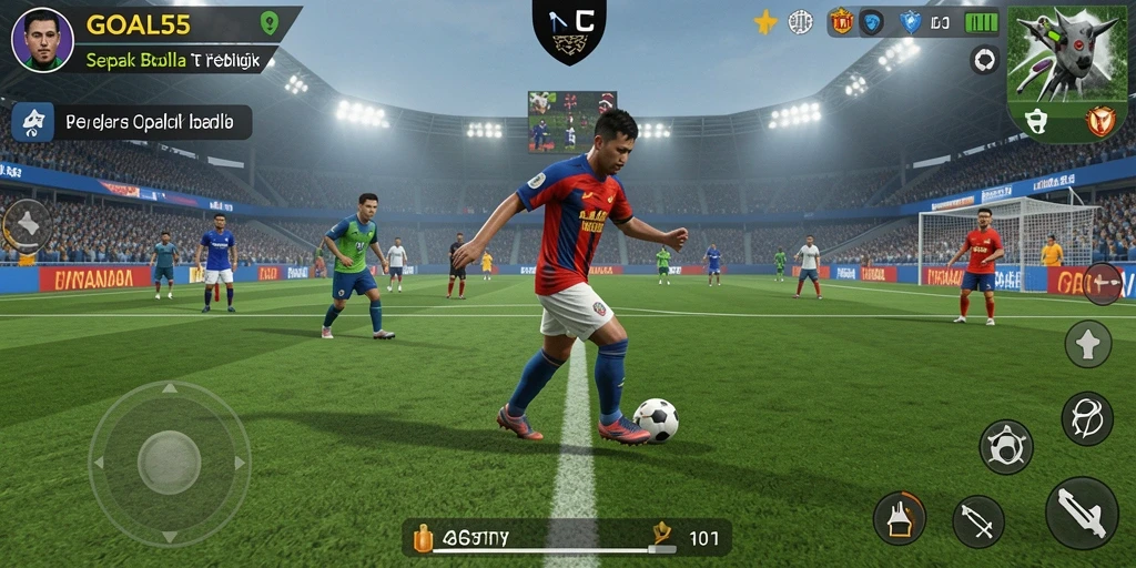 Tangkapan layar utama GOAL55 menampilkan aksi seru dalam pertandingan sepak bola.