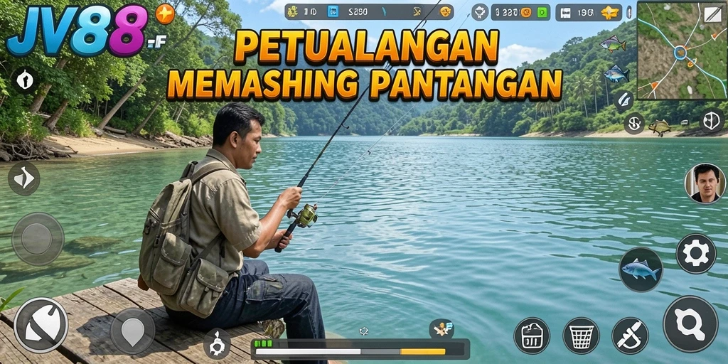 Tampilan gameplay JV88 yang memukau saat memancing di danau.