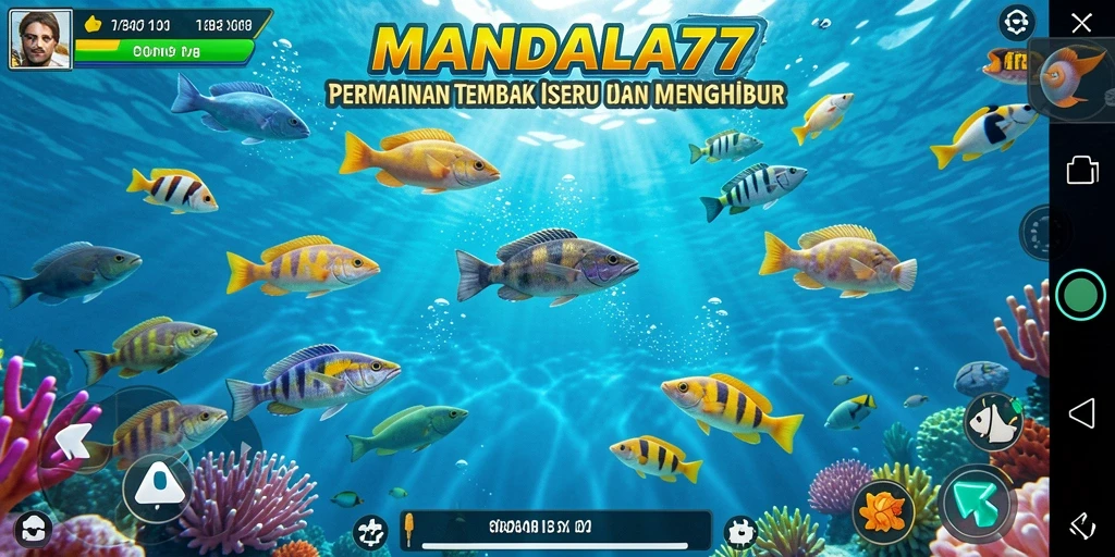 Screenshot gameplay MANDALA77 yang menunjukkan aksi menembak ikan.