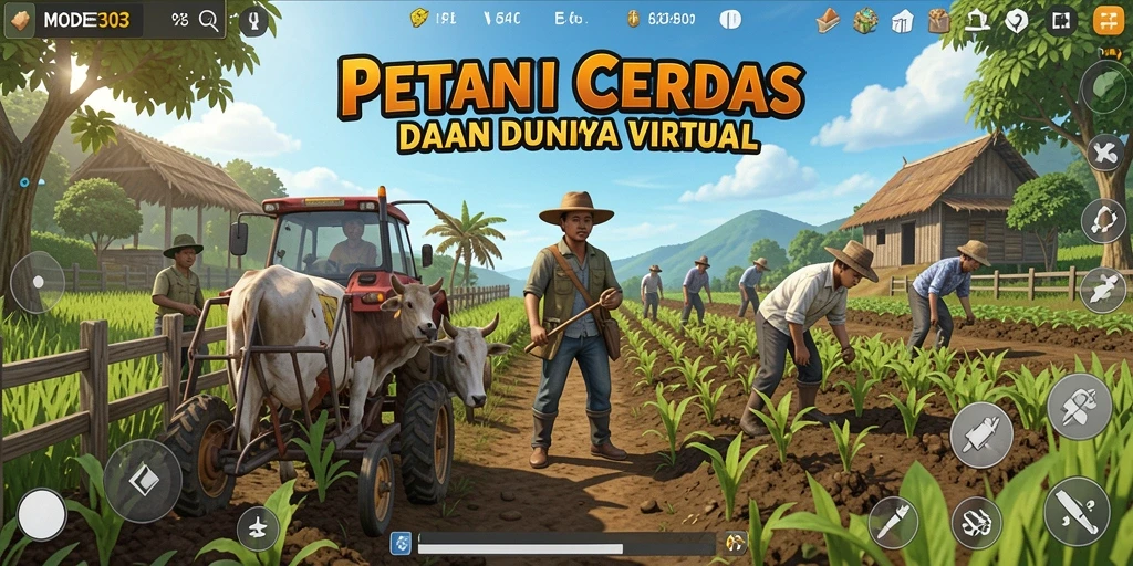 Tampilan gameplay <strong>MODE303</strong> dengan aktivitas pertanian yang seru dan interaktif.