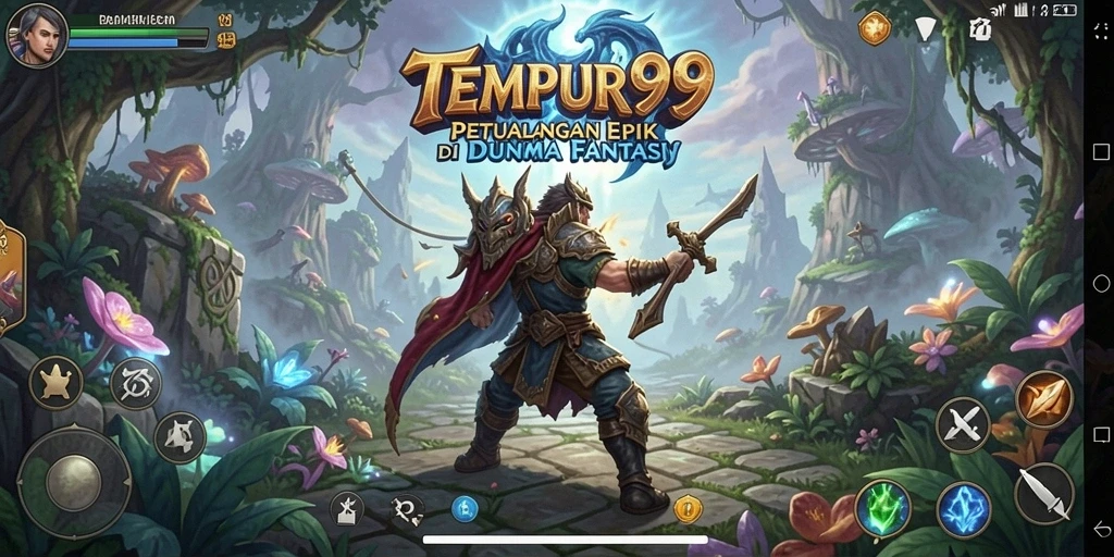 Tangkapan layar utama TEMPUR99 menampilkan pertempuran epik di dunia fantasi.