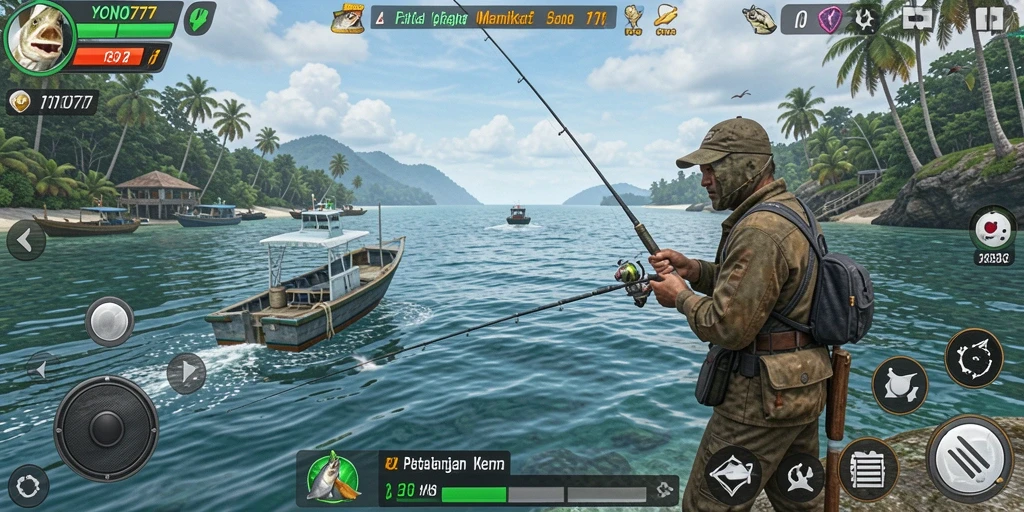 Screenshot YONO777 menunjukkan aksi memancing yang menegangkan di lokasi indah.